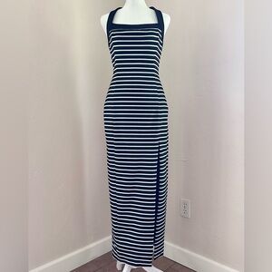 NICHOLAS Jane Contrast Square Neck Midi Dress in Black and Milk White Stripe M